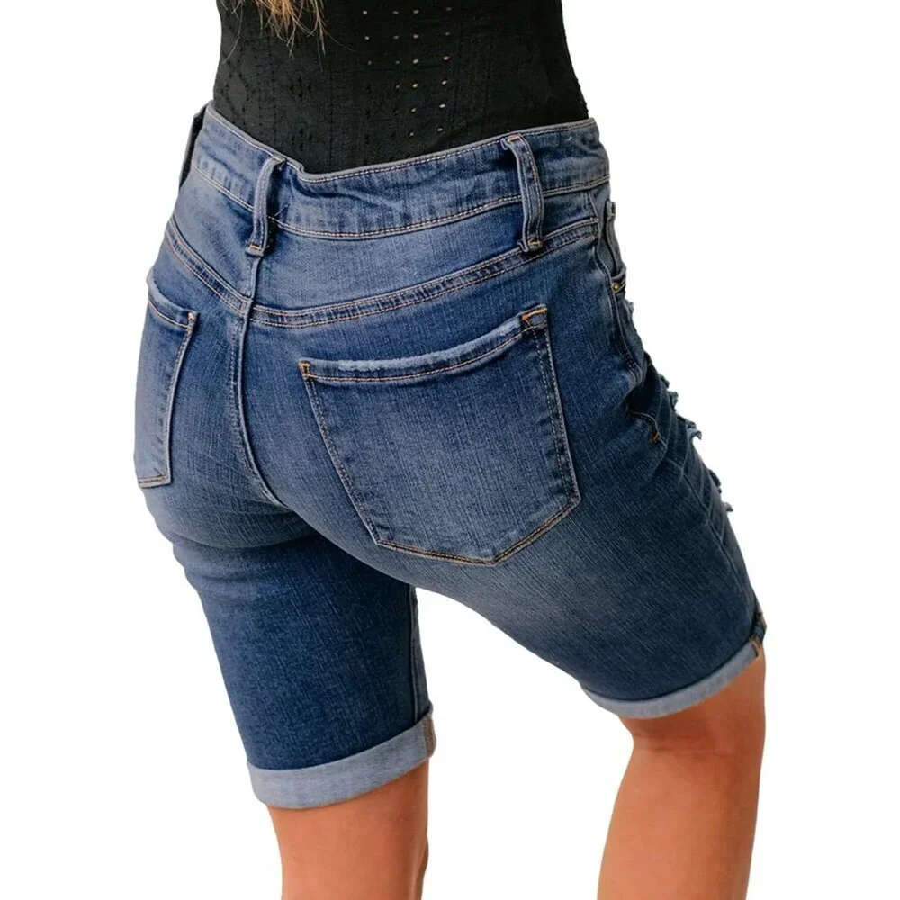 Women High Waisted Ripped Bermuda Shorts Denim 10 Inch Casual Fit